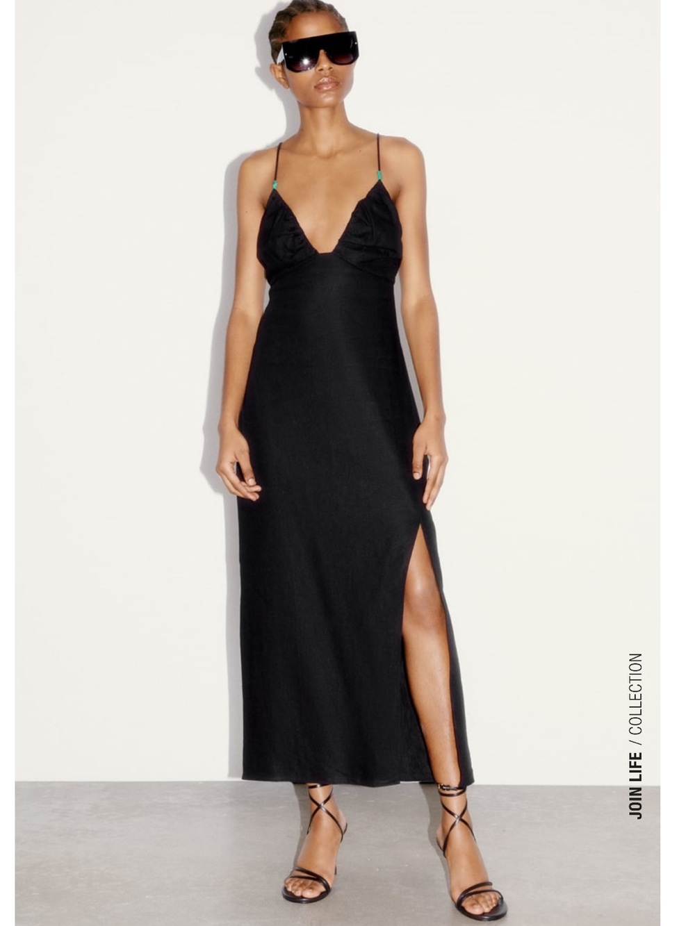 Zara Linen Blend Western Black Spaghetti-Strap Midi Dress with Side Slit